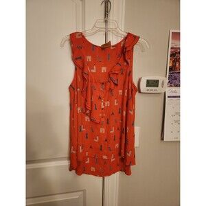 Maeve by Anthropologie Orange Sleeveless Top Ruffles & Famous Buildings Size 12
